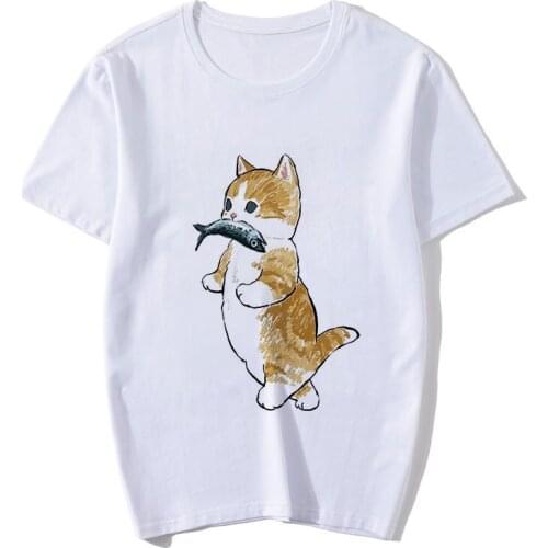 Girls Harajuku Casual Tops TeeSummer New Fashion Short Sleeve Women T-shirt Cute Cat Fish Graphic Printed Ladies Tshirts