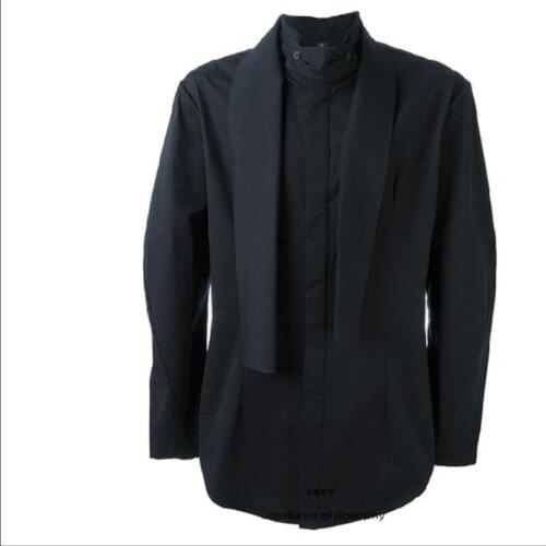 S-6xl 2020 Mens Shirt Scarf Stitching Long Sleeve Black Male Model Stage Catwalk Shirts Hair Stylist Personality Tide Clothing