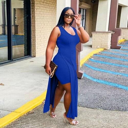 Sexy Plus Size Two Piece Set Womens Tracksuit Side High Split Irregular Extra-long Top and Bodycon Shorts Vacation Sweat Suits