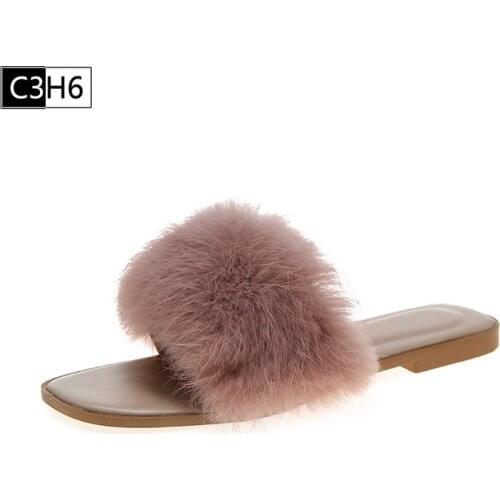 Hot Summer Women Fox Fur Slippers Real Fur Slides Female Indoor Flip Flops Casual Raccon Fur Sandals Furry Fluffy Plush Shoes