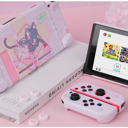 Hard Case Pink Neko Protective Cover Shell for Nintend Switch Joy-con Back Protector Housing Skin Cat Paw Thumb Stick Grip Cap