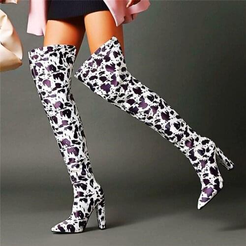 Sexy Thigh High Boots Womens Leopard Over the Knee Boots Block High Heels Pointed Toe Long Booties Party Pumps 33 34-43