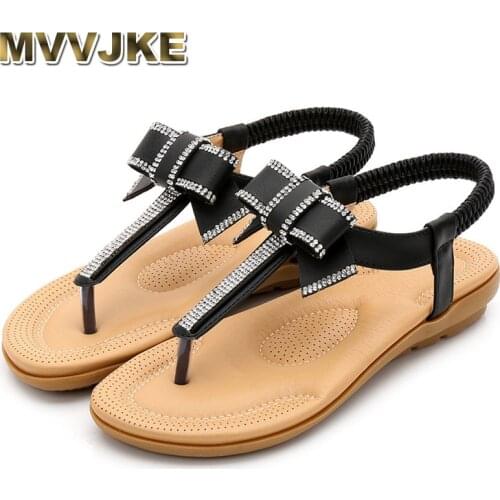 MVVJKE 2019 Summer Korean bowknot sandals water drill ethnic wind elastic belt womens shoes Bohemian flat sandals