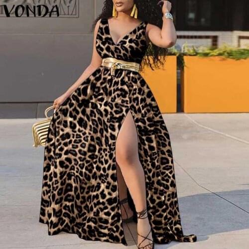 Women Party Long Maxi Dress 2021 VONDA Casual Robes Longue Vintage V Neck Printed Leopard Party Dress Pleated Side Slit Vestido