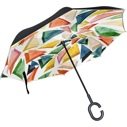 Bright Colorful Triangles Print Reverse Umbrella Rain Women Windproof Double Layer Inverted Self Stand Car Umbrella Parapluie