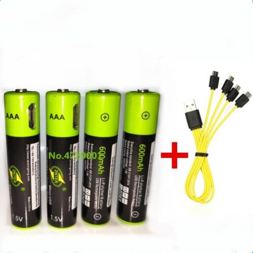 ZNTER 4PCS 1.5V AAA rechargeable battery 600mAh USB lithium polymer rechargeable battery with Micro USB cable