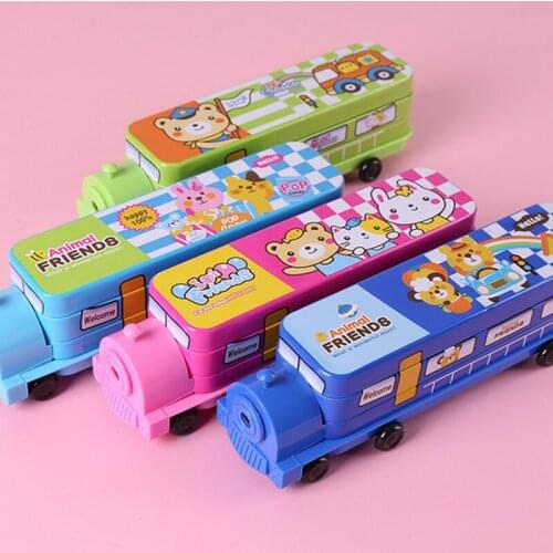 Creative Metal Pencil Case Train Shape Double Layers Pen Box With Pencil Sharpener Novelty School Supply Stationery Storage Bag