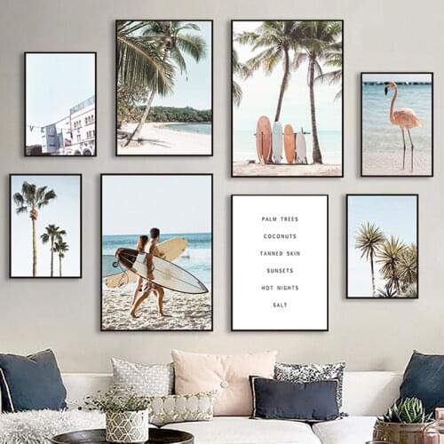 Sunny Beach Vehicle Surfboard Landscape Canvas Painting Palm Seaside Poster Art Print Decorative Wall Picture Home Decoration