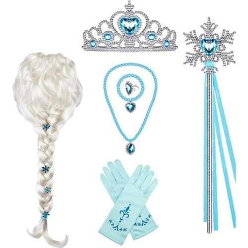 Elsa Princess Accessories Gloves Wand Crown Jewelry Set Elsa Wig Necklace Braid for Princess Dress Clothing Cosplay Dress UP