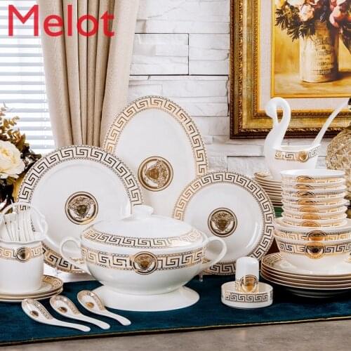 Bone china dinnerware set gold rim ceramic dishes plate set with gift package
