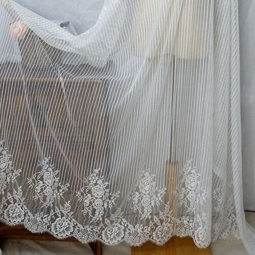 Soft Eyelash Lace Fabric French Chantilly Stripe Floral Lace Wedding Gown Fabric For DIY Sewing Bridal dress, Curtain lace
