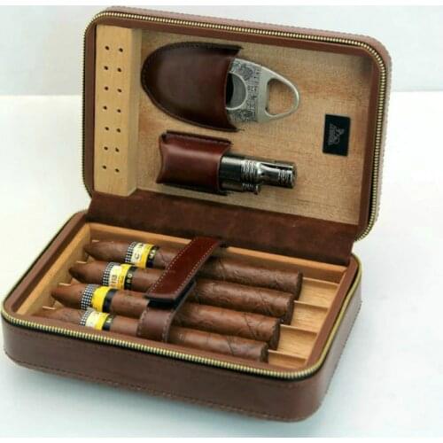 LUBINSKI Portable Leather Cedar Wood Cigar Case Moisture Box Cigarette Travel With Windproof Sharp Cutter Humidor