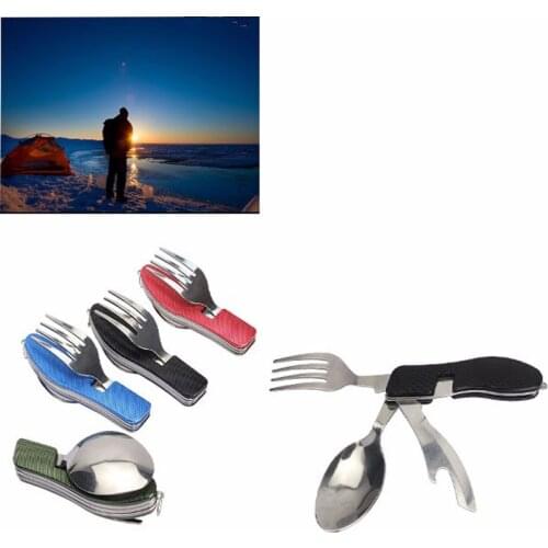 Multi-function Outdoor Camping Picnic Folding Tableware Stainless Steel Cutlery 4 in 1 Spoon Fork Knife&Bottle Opener Drop Ship