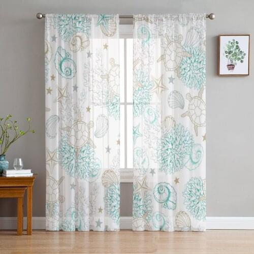 Marine Sea Turtle Coral Shell Tulle Curtains for Living Room Bedroom Decoration Chiffon Sheer Voile Kitchen Window Curtain
