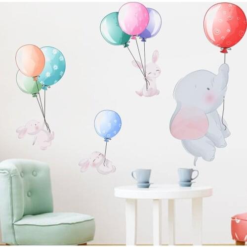 Cartoon Balloon Rabbit Wall Stickers for Kids room Nursery Children Bedroom Wall Decor Removable Elephant PVC Wall Decals Home