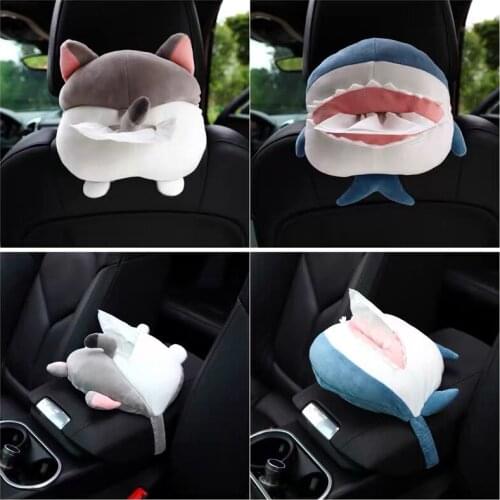 Cartoon Creative Cat Shark Corgi Tail Plush Paper Towel Vehicle Tissue Box Sun Shield Napkin Case Stuffed Toy Gift