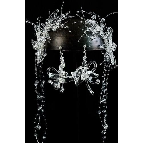 New Transparent Crystal-clear Headbands Beaded Tassel Bride Hairpin Bow Head Flower Set Wedding Accessories for Women