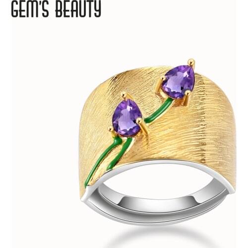 Gems Beauty Original Handmade Real 925 Sterling Silver Statement Ring Jewelry Gift Natural Gemstone Amethyst Gold Plate Tulip