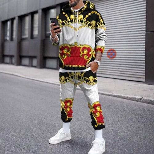 2021Autumn Winter Fashion Sweater Suit Men Casual Sports 3D Retro Pattern Printed Hooded Sweatshirt Trousers 2-Piece Sets Male