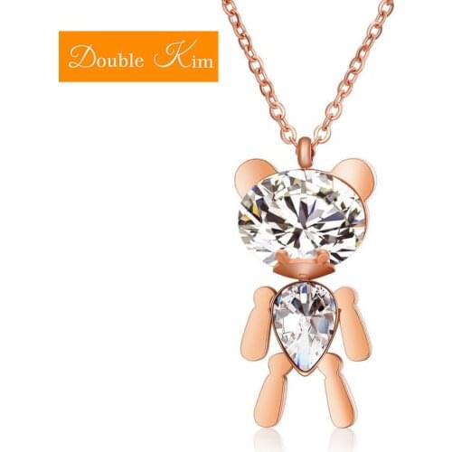 Teddy Bear Crystal Pendant Necklace Titanium Stainless Steel Inlaid Crystal Rose Gold Chain Necklace Trendy Women Jewelry Gift