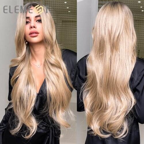 Element Lace Part Synthetic Wig Long Wavy Brown Ombre to Blonde with Highlight Hair Wigs for Black White Women Daily Lace Wigs