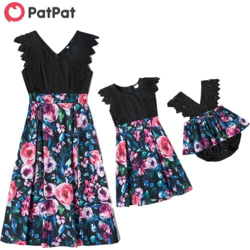 PatPat Floral Print Lace Splice Sleeveless Matching Black Midi Tank Dresses