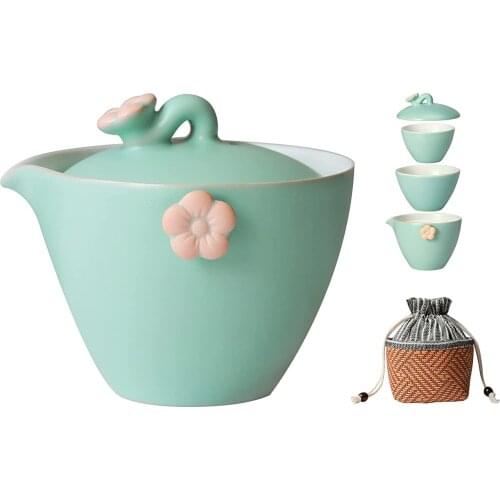 Portable Travel Tea Set for Women, Chinese Ceramic Office Teapot for Adults, Small Cute Tea Pot with 2 Cups
