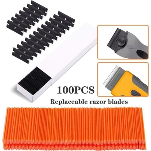 2PCS Window Ceramic Glass Cleaner Scraper + 100pcs Blade Vinyl Wrap Film Glue Sticker Remover Squeegee Car Cleaning Tool Blade
