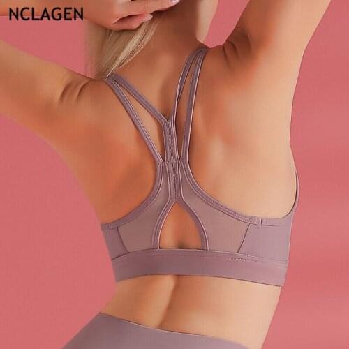 NCLAGEN Sports Bra Breathable Mesh Thin Belt Fitness Underwear Cross-Back Yoga Vest Gym Workout Running Push-up Crop Top Halter