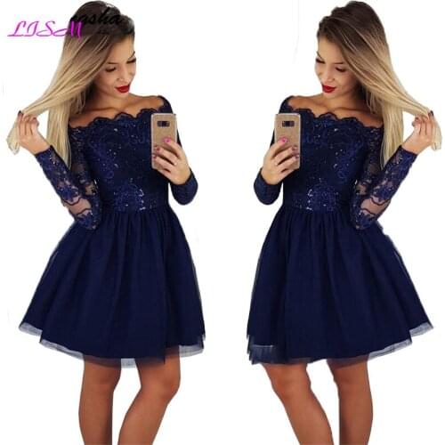 Navy Blue Short Homecoming Dress Junior Long Sleeves Off the Shoulder Lace Sequined Mini Coacktail Dresses Mini Prom Gowns