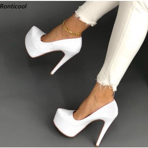 Ronticool Handmade Women Platform Pumps Sexy Thin High Heels Round Toe Pretty White Red Pink Party Shoes Women US Plus Size 5-20