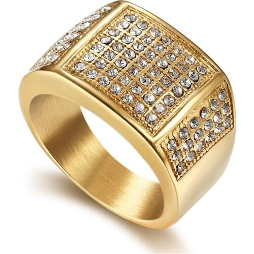 Hip Hop Geometry Rhinestone Iced Out Ring Gold Color Stainless Steel Square Rings for Men Party Fashion Jewelry Dropshipping