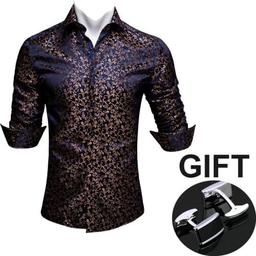 High quality Gold Floral Autumn Mens Silk Shirts Square Collar Male Casual Satin Long Sleeve Silk Shirts CC-006