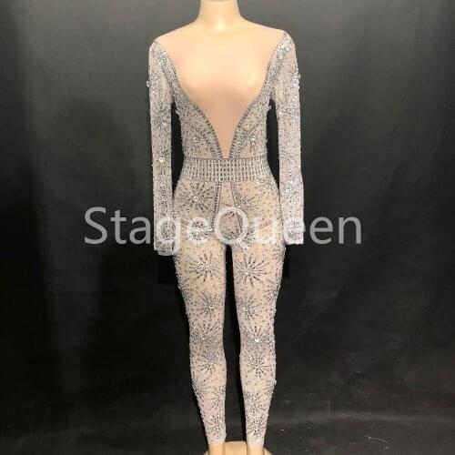 Women Sparkly Crystals Jumpsuit Sexy Perspective Net Yarn Bodysuit Costume Dance Stage Wear Female Singer Big Stretch Outfit