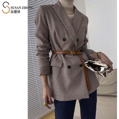Women Blazer Female Coat Ladies Jacket Autumn Fall Vintage Dog Tooth Herringbone H-Line Notched Collar Double-Breasted Pockets