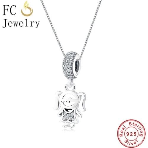 FC Jewelry 925 Sterling Silver Family Girl Cubic Zirconia Stone Charm Pendant Necklace For Women Chain Choker Trinket Gifts 2018