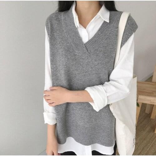 Autumn Winter 2020 Women Split Vest Sweater Sleeveless V Neck Loose Casual Knitted Jumper Top Oversized Soft Pullover Sweater
