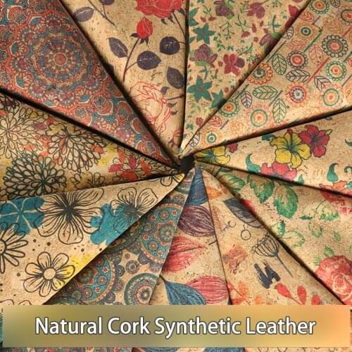 90*135cm 0.5mm Natural Cork Synthetic Leather Fabric Wood Grain Floral Printing PU Fabric For Background Handbag Shoes DIY Decor