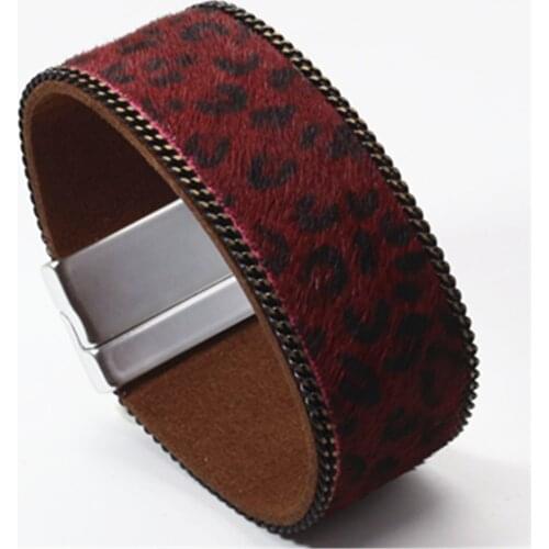 Red Leopard Magnet Animal Trendy Wristband Chain Wide Real Leather Bracelets Women Fashion Girl Bangle Female Jewelry New Design
