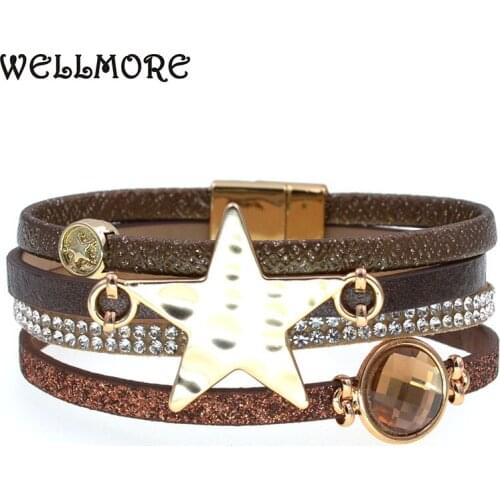 WELLMORE NEW Bohemia leather bracelets for women metal star glass charm bracelet fashion Female Jewelry wholesale drop shipping