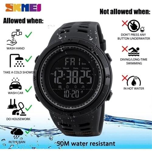 SKMEI black fashion outdoor sports watch men multifunction watches alarm clock Chrono 5Bar waterproof digital watch 1251