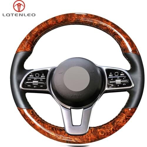 LQTENLEO Black Genuine Leather Wood Grain Car Steering Wheel Cover For Mercedes-Benz A-Class B-Class C-Class E-Class CLS-Class