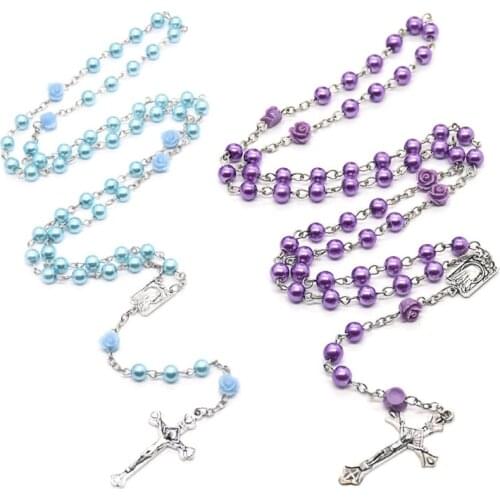Rosary Necklace Jesus Christ Cross Pendant Glass Pearl Rose Necklace Long Chain