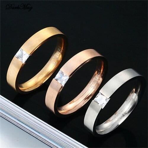 DarkMag 4mm Simple High Polished 3 Colors Stainless Steel Cubic Zirconia Stone Engagement Wedding Rings for Woman