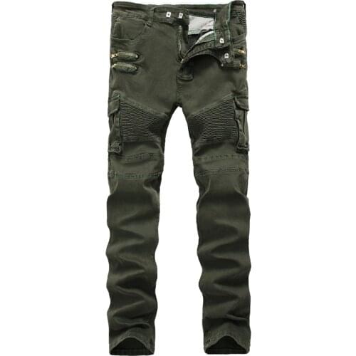 Mens Skinny Ripped Biker Jeans zipper Multi Pockets Cargo Army Green military Hip Hop Men Pleated motorcycle jeans Dropshipping