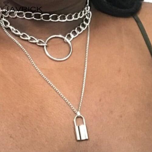 Gothic Lock Chain Necklace Multilayer Punk Choker Collar Women Femal Jewelry Gifts Goth Rock Leather Pendant Necklace