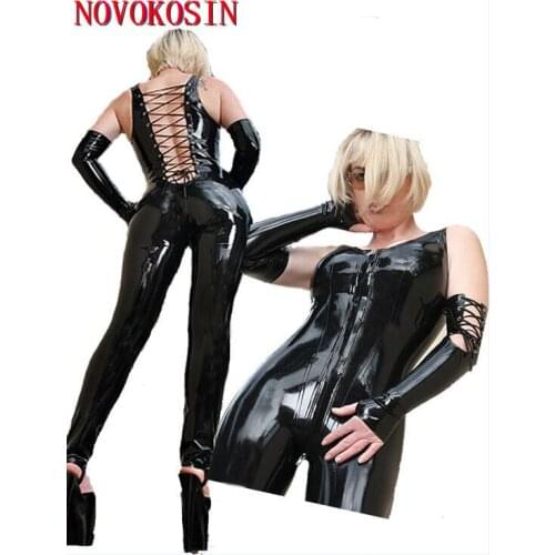 KH24 2018 Female PVC Faux Leather Black Lace Up Back Babysuit Gothic Look Play Game Teddy Body Suit Stretch Crotch Zip Costume