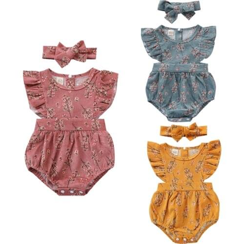Newborn Baby Girls 2-piece Outfit Set Fly Sleeve Floral Romper+Headband Set for Kids Girls