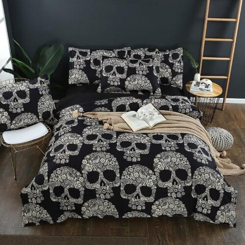 3D Skull Digital Printing Bed Linings Skull With Floral Bedding Set Quilt Cover Pillowcase Cover Bed 3pcs/set Black Gray