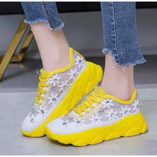 New Mesh Rhinestone Platform Muffin Wedge Hollow-out Lace up Daddy Shoes Sneakers White Shoes Womens Shoes
